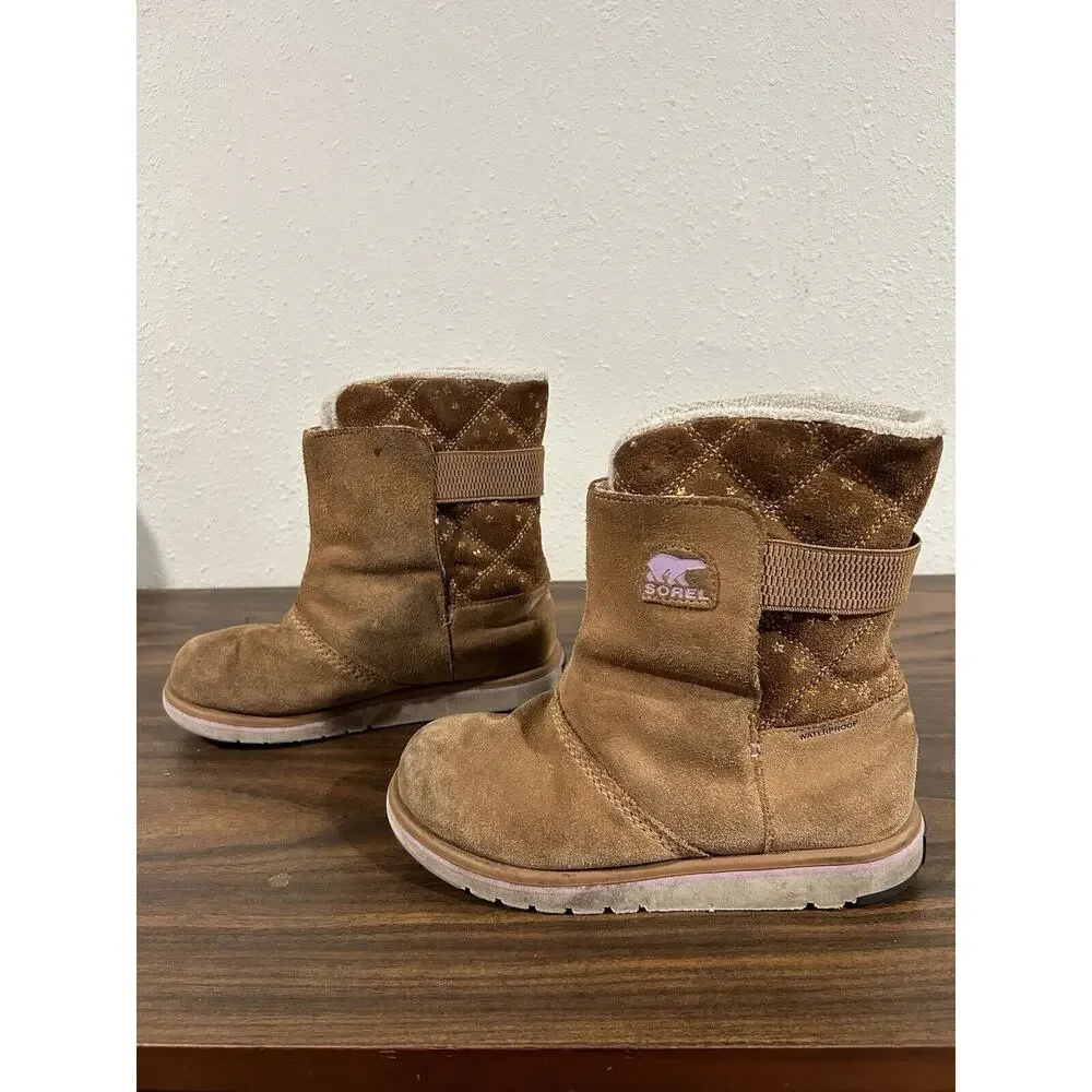 Sorel Rylee Boots Girls Sz 3‎ Waterproof Winter Suede Fleece Slip-on Brown Gold